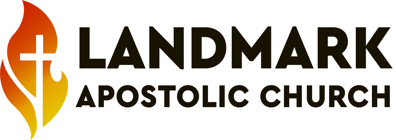 Logo for Landmark Apostolic Church. The logo features a flame icon in an orange and yellow gradient. In the center of the flame is a cross in the negative, white space. The words 'Landmark Apostolic Church' are to the right of the icon in uppercase, bold, black text.